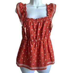 Y2K Old Navy Women Top M Orange Embroidered Flowers Smocked Back Boho Cottage